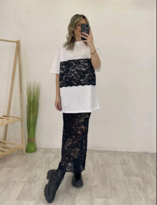 Μπλούζα μακό με δαντέλα oversized V31532
